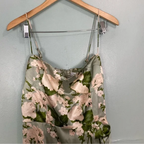 Reformation Marguerite Silk Dress Tarragon Floral Green Sundress Midi Size  12